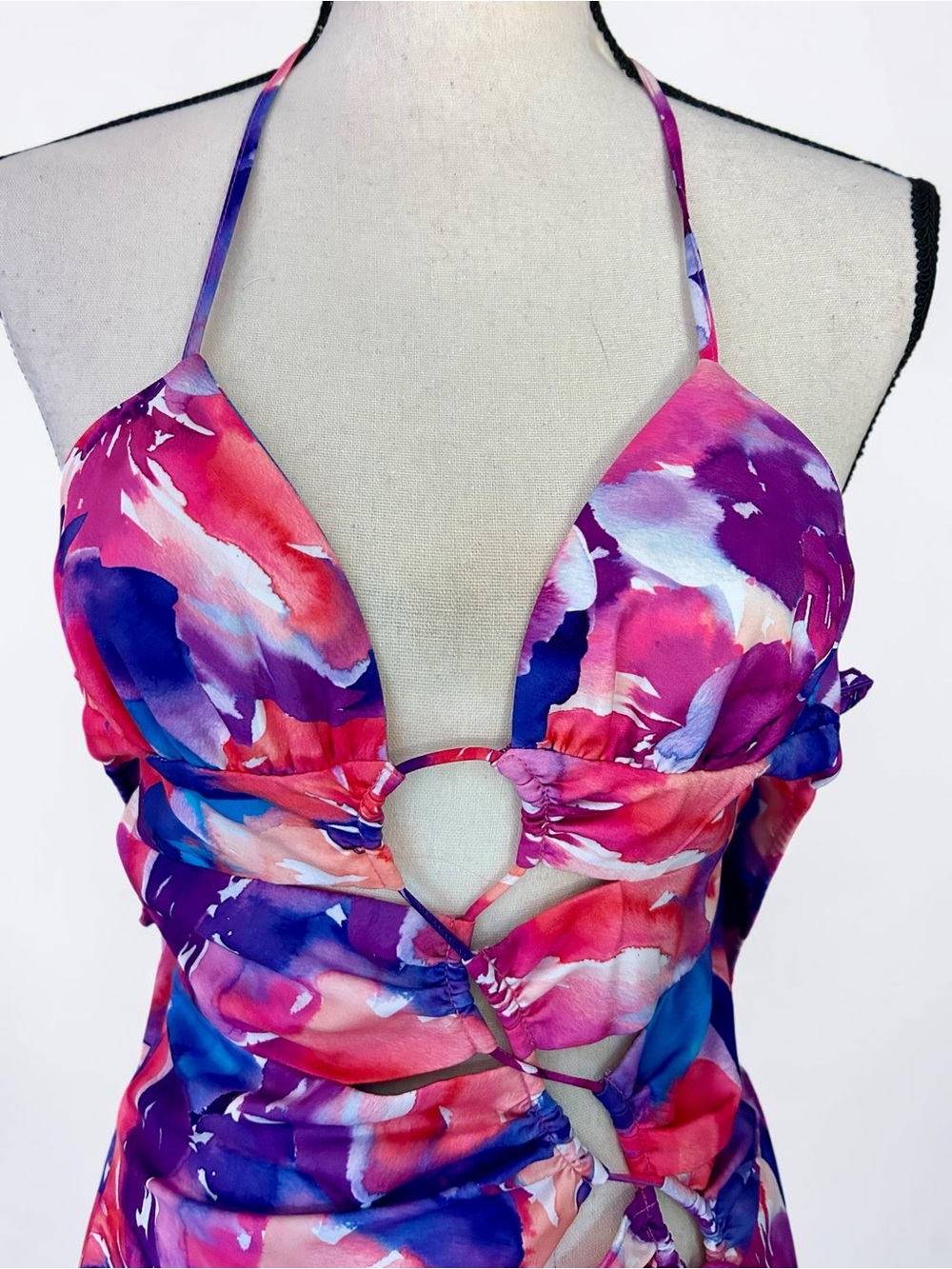 For Love & Lemons Natasha Floral Satin Maxi Dress XS Cutout Vacation Resort - Picture 8 of 13